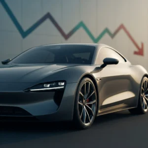 A new sports car at sunset with a downward trending arrow on a wall in the background to signify lower interest rates on new cars in 2025